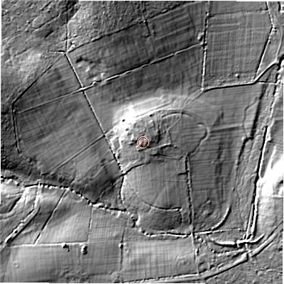Shaded relief map of the ground around BH244HS, computed from Environment Agency LiDAR. The ground here sits at about 40 m above sea level and falls 16 m across the surrounding 800 m. Surface water reaching this point runs off ground lying to the north, 1.7 m higher.