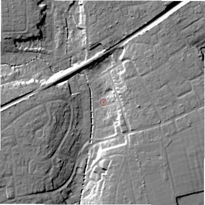 Shaded relief map of the ground around BH255BH, computed from Environment Agency LiDAR. The ground here sits at about 31 m above sea level and falls 14 m across the surrounding 800 m. Surface water reaching this point runs off ground lying to the east, 10.1 m higher.
