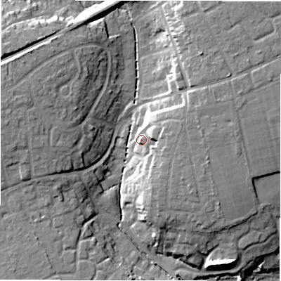 Shaded relief map of the ground around BH255BX, computed from Environment Agency LiDAR. The ground here sits at about 34 m above sea level and falls 17 m across the surrounding 800 m. Surface water reaching this point runs off ground lying to the east-north-east, 8.2 m higher.