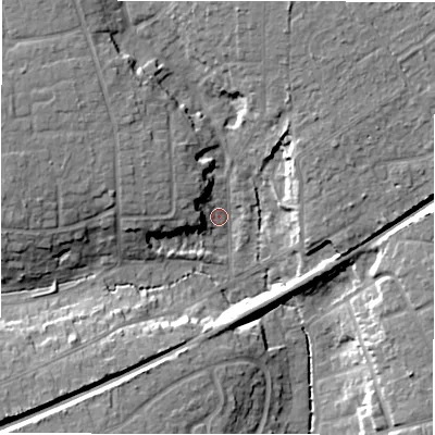 Shaded relief map of the ground around BH255DY, computed from Environment Agency LiDAR. The ground here sits at about 33 m above sea level and falls 14 m across the surrounding 800 m. Surface water reaching this point runs off ground lying to the north-west, 12.5 m higher.