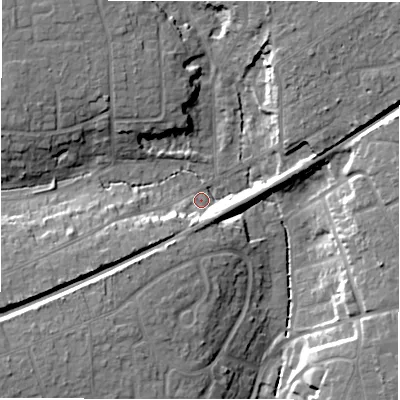 Shaded relief map of the ground around BH255EJ, computed from Environment Agency LiDAR. The ground here sits at about 33 m above sea level and falls 16 m across the surrounding 800 m. Surface water reaching this point runs off ground lying to the north-east, 10.0 m higher.
