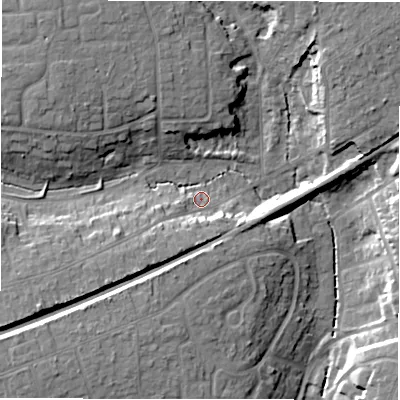 Shaded relief map of the ground around BH255EL, computed from Environment Agency LiDAR. The ground here sits at about 34 m above sea level and falls 16 m across the surrounding 800 m. Surface water reaching this point runs off ground lying to the south-west, 10.6 m higher.