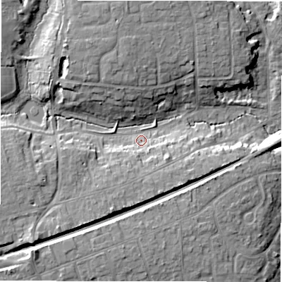 Shaded relief map of the ground around BH255HD, computed from Environment Agency LiDAR. The ground here sits at about 36 m above sea level and falls 12 m across the surrounding 800 m. Surface water reaching this point runs off ground lying to the north, 9.7 m higher.