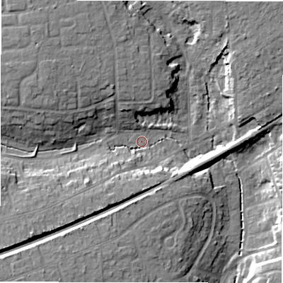 Shaded relief map of the ground around BH255HR, computed from Environment Agency LiDAR. The ground here sits at about 33 m above sea level and falls 15 m across the surrounding 800 m. Surface water reaching this point runs off ground lying to the north-east, 10.7 m higher.