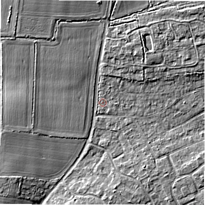 Shaded relief map of the ground around BH255ND, computed from Environment Agency LiDAR. The ground here sits at about 42 m above sea level and falls 8 m across the surrounding 800 m. Surface water reaching this point runs off ground lying to the north-north-east, 3.6 m higher.