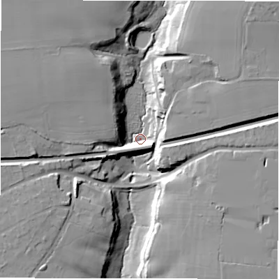 Shaded relief map of the ground around BH255NH, computed from Environment Agency LiDAR. The ground here sits at about 25 m above sea level and falls 20 m across the surrounding 800 m. Surface water reaching this point runs off ground lying to the north-west, 17.6 m higher.