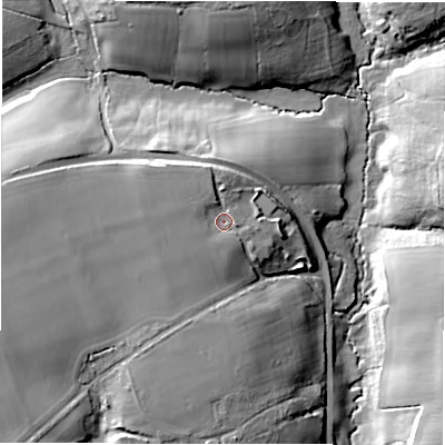Shaded relief map of the ground around BH255PZ, computed from Environment Agency LiDAR. The ground here sits at about 27 m above sea level and falls 20 m across the surrounding 800 m. Surface water reaching this point runs off ground lying to the west, 3.2 m higher.