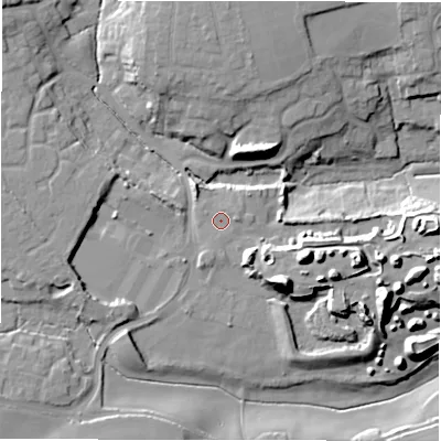 Shaded relief map of the ground around BH255QA, computed from Environment Agency LiDAR. The ground here sits at about 30 m above sea level and falls 23 m across the surrounding 800 m. Surface water reaching this point runs off ground lying to the south-south-west, 1.4 m higher.