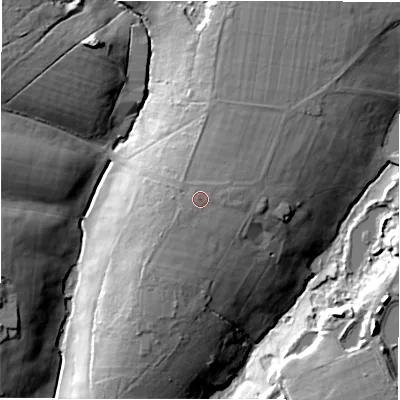 Shaded relief map of the ground around BH255TL, computed from Environment Agency LiDAR. The ground here sits at about 55 m above sea level and falls 23 m across the surrounding 800 m. The ground contributing surface water to this point lies to the north-east.