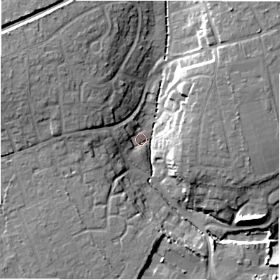 Shaded relief map of the ground around BH256AY, computed from Environment Agency LiDAR. The ground here sits at about 29 m above sea level and falls 17 m across the surrounding 800 m. Surface water reaching this point runs off ground lying to the west-north-west, 5.6 m higher.