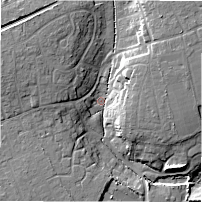 Shaded relief map of the ground around BH256BW, computed from Environment Agency LiDAR. The ground here sits at about 29 m above sea level and falls 17 m across the surrounding 800 m. Surface water reaching this point runs off ground lying to the west-north-west, 13.5 m higher.