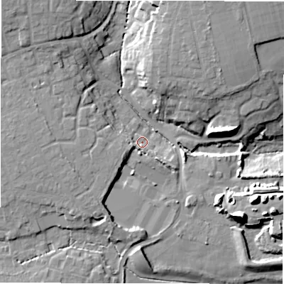 Shaded relief map of the ground around BH256UA, computed from Environment Agency LiDAR. The ground here sits at about 29 m above sea level and falls 21 m across the surrounding 800 m. Surface water reaching this point runs off ground lying to the west-south-west, 5.8 m higher.