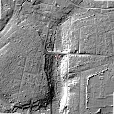 Shaded relief map of the ground around BH257BN, computed from Environment Agency LiDAR. The ground here sits at about 28 m above sea level and falls 11 m across the surrounding 800 m. Surface water reaching this point runs off ground lying to the west, 8.6 m higher.