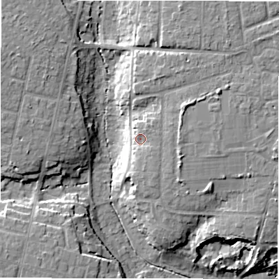 Shaded relief map of the ground around BH257BR, computed from Environment Agency LiDAR. The ground here sits at about 32 m above sea level and falls 16 m across the surrounding 800 m. Surface water reaching this point runs off ground lying to the east-north-east, 3.1 m higher.