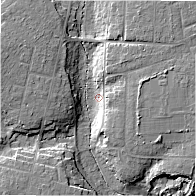 Shaded relief map of the ground around BH257BW, computed from Environment Agency LiDAR. The ground here sits at about 27 m above sea level and falls 12 m across the surrounding 800 m. Surface water reaching this point runs off ground lying to the east-north-east, 9.2 m higher.