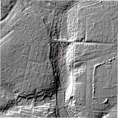 Shaded relief map of the ground around BH257BZ, computed from Environment Agency LiDAR. The ground here sits at about 27 m above sea level and falls 12 m across the surrounding 800 m. Surface water reaching this point runs off ground lying to the west-north-west, 8.9 m higher.