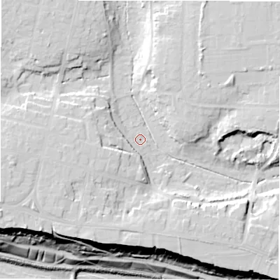 Shaded relief map of the ground around BH257DH, computed from Environment Agency LiDAR. The ground here sits at about 25 m above sea level and falls 36 m across the surrounding 800 m. Surface water reaching this point runs off ground lying to the west, 8.1 m higher.