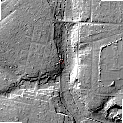 Shaded relief map of the ground around BH257DQ, computed from Environment Agency LiDAR. The ground here sits at about 28 m above sea level and falls 13 m across the surrounding 800 m. Surface water reaching this point runs off ground lying to the west-north-west, 7.2 m higher.