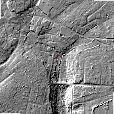 Shaded relief map of the ground around BH257EP, computed from Environment Agency LiDAR. The ground here sits at about 29 m above sea level and falls 9 m across the surrounding 800 m. Surface water reaching this point runs off ground lying to the north-west, 7.5 m higher.