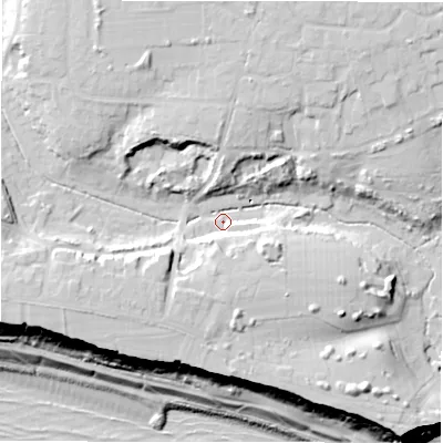 Shaded relief map of the ground around BH257TL, computed from Environment Agency LiDAR. The ground here sits at about 23 m above sea level and falls 36 m across the surrounding 800 m. Surface water reaching this point runs off ground lying to the north-north-west, 13.5 m higher.