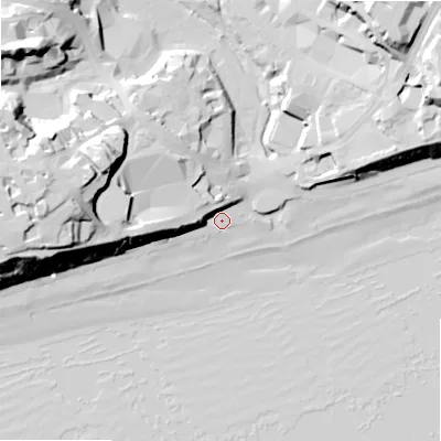 Shaded relief map of the ground around BH25AA, computed from Environment Agency LiDAR. The ground here sits at about 4 m above sea level and falls 40 m across the surrounding 800 m. Surface water reaching this point runs off ground lying to the west, 11.1 m higher.