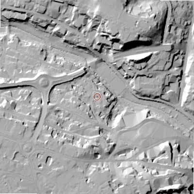 Shaded relief map of the ground around BH25SS, computed from Environment Agency LiDAR. The ground here sits at about 16 m above sea level and falls 35 m across the surrounding 800 m. Surface water reaching this point runs off ground lying to the west-south-west, 10.5 m higher.