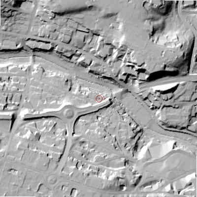 Shaded relief map of the ground around BH26AH, computed from Environment Agency LiDAR. The ground here sits at about 14 m above sea level and falls 36 m across the surrounding 800 m. Surface water reaching this point runs off ground lying to the south-west, 30.4 m higher.