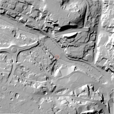 Shaded relief map of the ground around BH26EY, computed from Environment Agency LiDAR. The ground here sits at about 7 m above sea level and falls 35 m across the surrounding 800 m. Surface water reaching this point runs off ground lying to the west-south-west, 34.4 m higher.