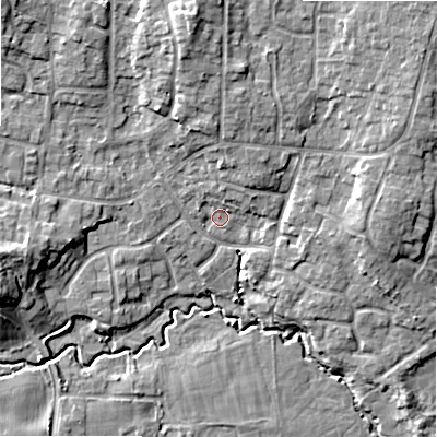 Shaded relief map of the ground around BH316TN, computed from Environment Agency LiDAR. The ground here sits at about 24 m above sea level and falls 11 m across the surrounding 800 m. Surface water reaching this point runs off ground lying to the north-north-east, 3.9 m higher.