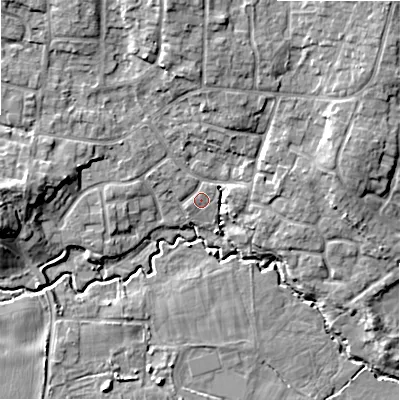 Shaded relief map of the ground around BH316TW, computed from Environment Agency LiDAR. The ground here sits at about 24 m above sea level and falls 12 m across the surrounding 800 m. Surface water reaching this point runs off ground lying to the north, 7.5 m higher.
