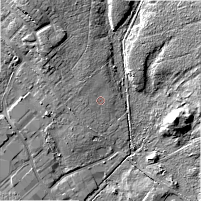 Shaded relief map of the ground around BH317BA, computed from Environment Agency LiDAR. The ground here sits at about 26 m above sea level and falls 12 m across the surrounding 800 m. Surface water reaching this point runs off ground lying to the north-west, 1.7 m higher.