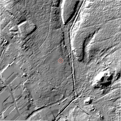 Shaded relief map of the ground around BH317BE, computed from Environment Agency LiDAR. The ground here sits at about 26 m above sea level and falls 13 m across the surrounding 800 m. Surface water reaching this point runs off ground lying to the west-north-west, 1.6 m higher.