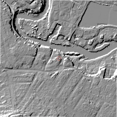 Shaded relief map of the ground around BH63BA, computed from Environment Agency LiDAR. The ground here sits at about 7 m above sea level and falls 23 m across the surrounding 800 m. Surface water reaching this point runs off ground lying to the south-south-west, 2.3 m higher.