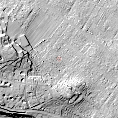 Shaded relief map of the ground around BH64DN, computed from Environment Agency LiDAR. The ground here sits at about 10 m above sea level and falls 26 m across the surrounding 800 m. Surface water reaching this point runs off ground lying to the west, 3.5 m higher.