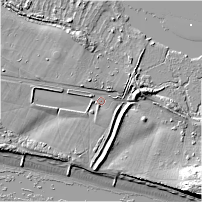 Shaded relief map of the ground around BH64EN, computed from Environment Agency LiDAR. The ground here sits at about 3 m above sea level and falls 21 m across the surrounding 800 m. Surface water reaching this point runs off ground lying to the west-south-west, 5.4 m higher.