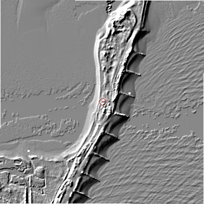 Shaded relief map of the ground around BH64EW, computed from Environment Agency LiDAR. The ground here sits at about 2 m above sea level and falls 5 m across the surrounding 800 m. Surface water reaching this point runs off ground lying to the north-east, 3.3 m higher.