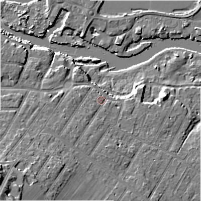 Shaded relief map of the ground around BH64JU, computed from Environment Agency LiDAR. The ground here sits at about 6 m above sea level and falls 25 m across the surrounding 800 m. Surface water reaching this point runs off ground lying to the south-west, 3.6 m higher.