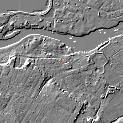 Shaded relief map of the ground around BH64JY, computed from Environment Agency LiDAR. The ground here sits at about 3 m above sea level and falls 10 m across the surrounding 800 m. Surface water reaching this point runs off ground lying to the south-south-east, 1.1 m higher.