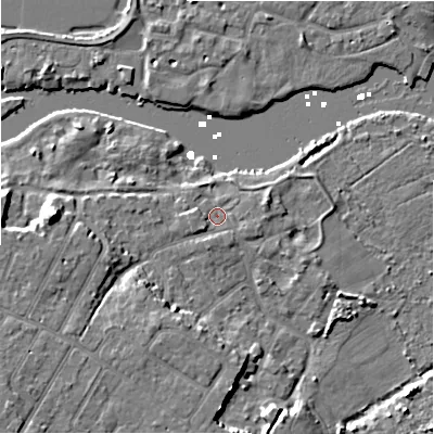 Shaded relief map of the ground around BH64JZ, computed from Environment Agency LiDAR. The ground here sits at about 2 m above sea level and falls 10 m across the surrounding 800 m. Surface water reaching this point runs off ground lying to the south-west, 1.9 m higher.