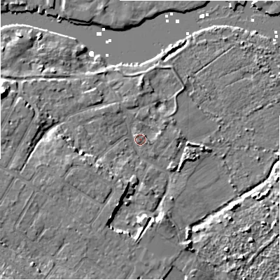 Shaded relief map of the ground around BH64LB, computed from Environment Agency LiDAR. The ground here sits at about 2 m above sea level and falls 10 m across the surrounding 800 m. Surface water reaching this point runs off ground lying to the west-south-west, 5.9 m higher.