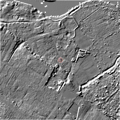Shaded relief map of the ground around BH64LD, computed from Environment Agency LiDAR. The ground here sits at about 2 m above sea level and falls 10 m across the surrounding 800 m. Surface water reaching this point runs off ground lying to the south-south-west, 6.4 m higher.