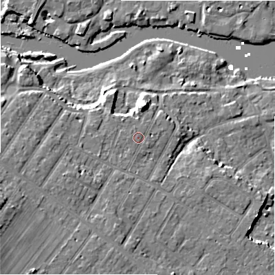 Shaded relief map of the ground around BH64LH, computed from Environment Agency LiDAR. The ground here sits at about 7 m above sea level and falls 13 m across the surrounding 800 m. The ground contributing surface water to this point lies to the north-north-west.