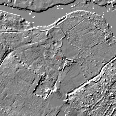 Shaded relief map of the ground around BH64LP, computed from Environment Agency LiDAR. The ground here sits at about 2 m above sea level and falls 8 m across the surrounding 800 m. Surface water reaching this point runs off ground lying to the east-north-east, 0.8 m higher.