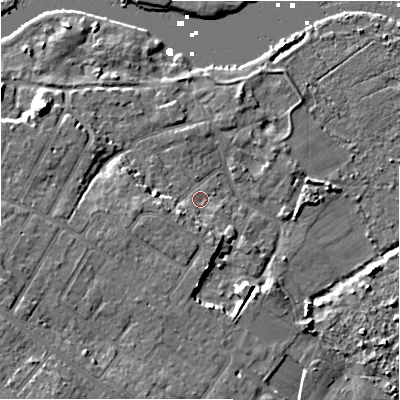 Shaded relief map of the ground around BH64LR, computed from Environment Agency LiDAR. The ground here sits at about 2 m above sea level and falls 10 m across the surrounding 800 m. Surface water reaching this point runs off ground lying to the south-west, 4.8 m higher.