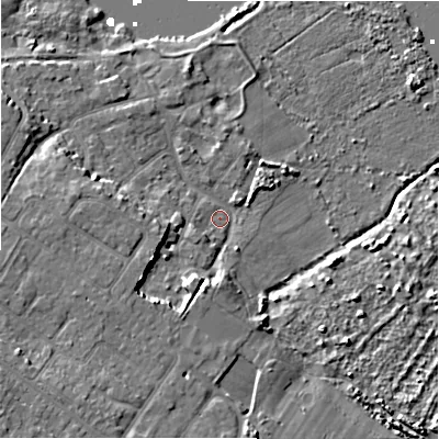 Shaded relief map of the ground around BH64LT, computed from Environment Agency LiDAR. The ground here sits at about 2 m above sea level and falls 10 m across the surrounding 800 m. Surface water reaching this point runs off ground lying to the south-south-west, 6.0 m higher.