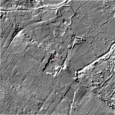 Shaded relief map of the ground around BH64LU, computed from Environment Agency LiDAR. The ground here sits at about 3 m above sea level and falls 10 m across the surrounding 800 m. Surface water reaching this point runs off ground lying to the west-south-west, 5.2 m higher.