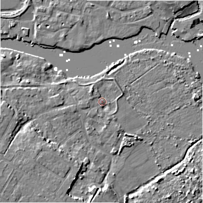Shaded relief map of the ground around BH64LY, computed from Environment Agency LiDAR. The ground here sits at about 2 m above sea level and falls 8 m across the surrounding 800 m. Surface water reaching this point runs off ground lying to the west-south-west, 2.2 m higher.
