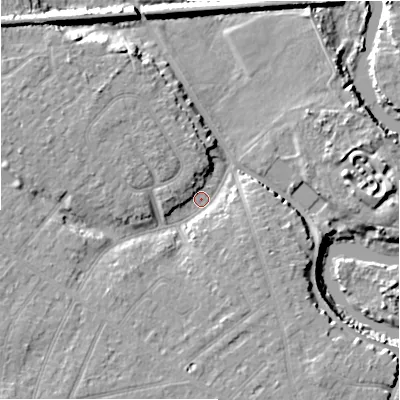 Shaded relief map of the ground around BH65LL, computed from Environment Agency LiDAR. The ground here sits at about 5 m above sea level and falls 11 m across the surrounding 800 m. Surface water reaching this point runs off ground lying to the south-west, 6.0 m higher.