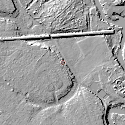 Shaded relief map of the ground around BH65NE, computed from Environment Agency LiDAR. The ground here sits at about 7 m above sea level and falls 12 m across the surrounding 800 m. Surface water reaching this point runs off ground lying to the south-west, 5.2 m higher.