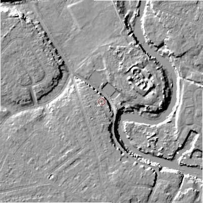 Shaded relief map of the ground around BH65NF, computed from Environment Agency LiDAR. The ground here sits at about 7 m above sea level and falls 11 m across the surrounding 800 m. Surface water reaching this point runs off ground lying to the south, 6.4 m higher.
